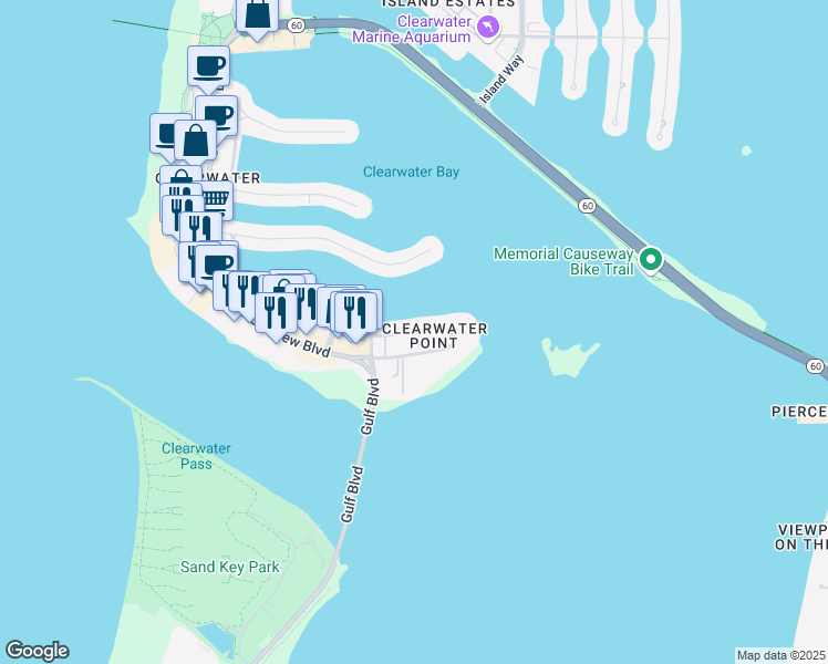 map of restaurants, bars, coffee shops, grocery stores, and more near 830 Bayway Boulevard in Clearwater