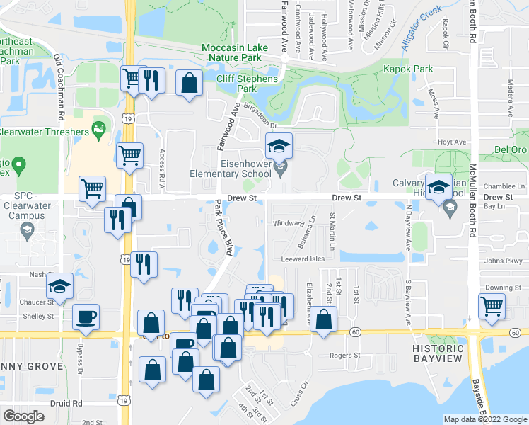 map of restaurants, bars, coffee shops, grocery stores, and more near 93 North Park Place Boulevard in Clearwater