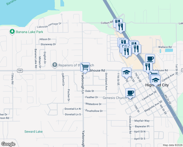 map of restaurants, bars, coffee shops, grocery stores, and more near 3725 County Road 540 in Lakeland