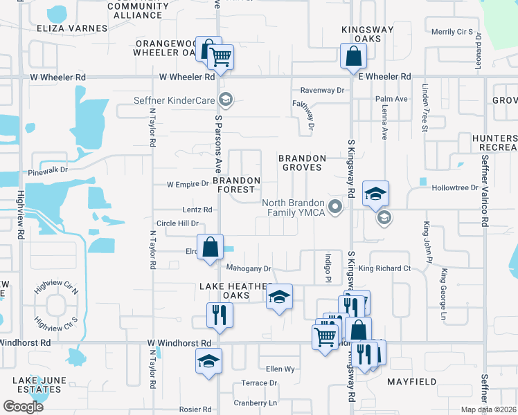 map of restaurants, bars, coffee shops, grocery stores, and more near 2955 Forest Circle in Seffner