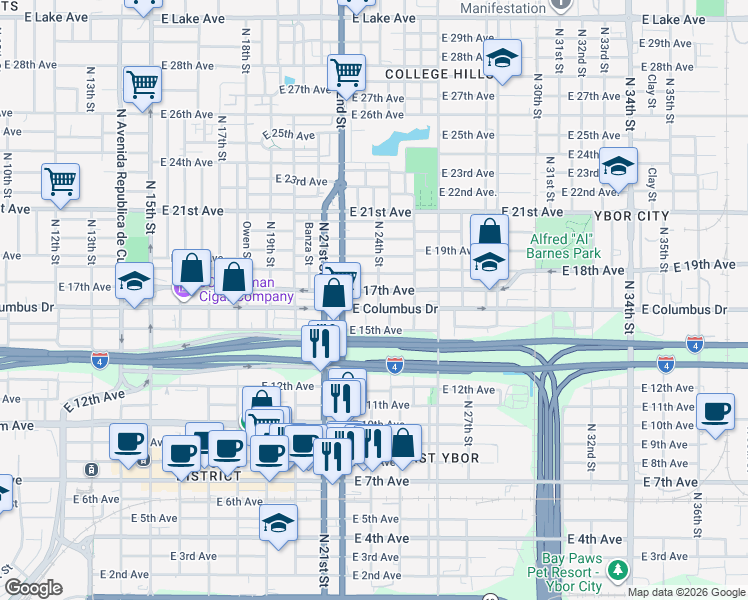 map of restaurants, bars, coffee shops, grocery stores, and more near in Tampa