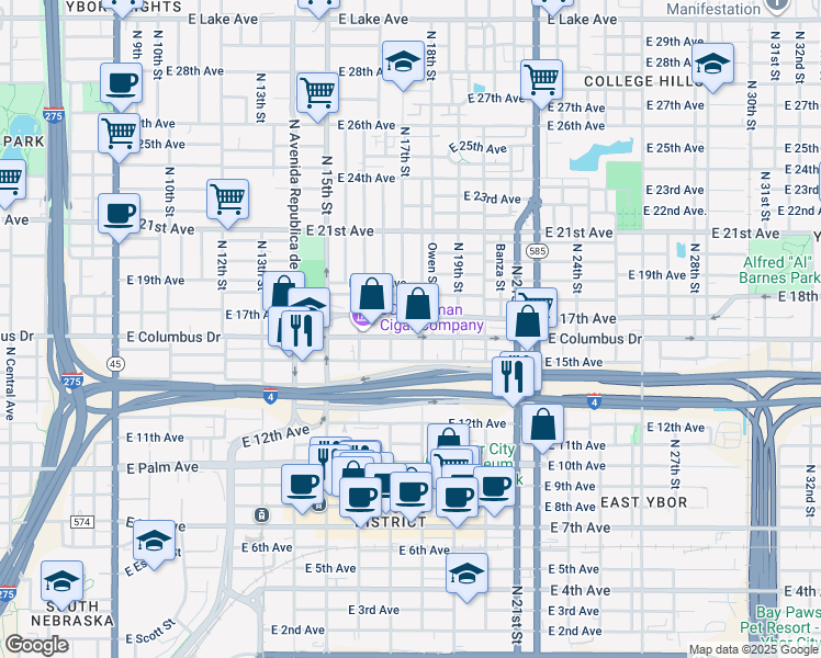 map of restaurants, bars, coffee shops, grocery stores, and more near 1711 East 17th Avenue in Tampa