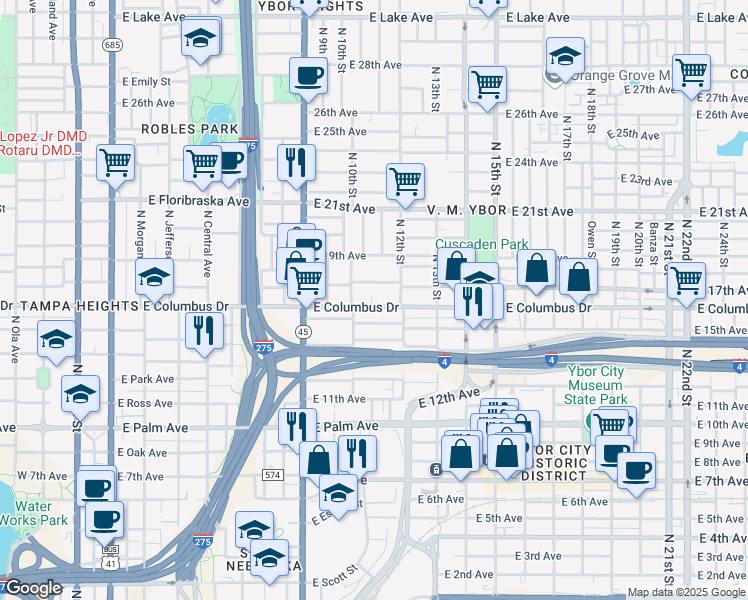 map of restaurants, bars, coffee shops, grocery stores, and more near 1023 East 17th Avenue in Tampa
