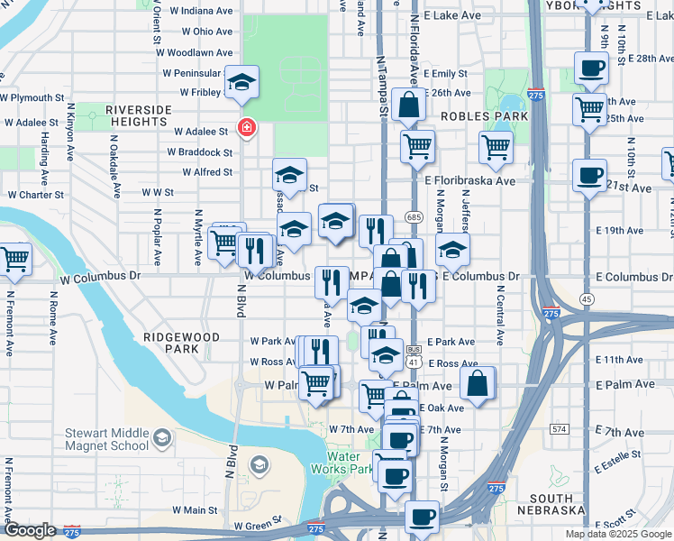 map of restaurants, bars, coffee shops, grocery stores, and more near 2610 North Highland Avenue in Tampa