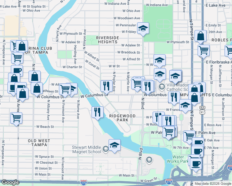 map of restaurants, bars, coffee shops, grocery stores, and more near 2705 North Poplar Avenue in Tampa