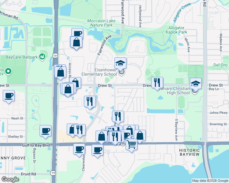 map of restaurants, bars, coffee shops, grocery stores, and more near 93 North Park Place Boulevard in Clearwater