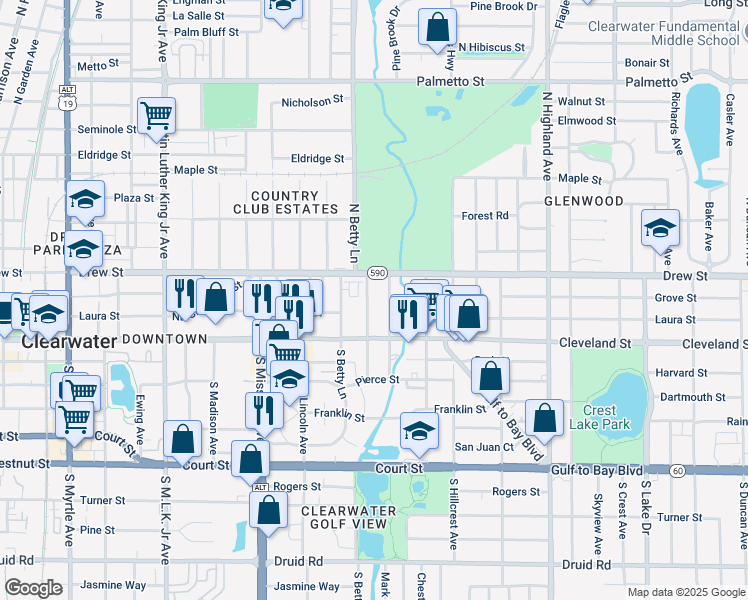 map of restaurants, bars, coffee shops, grocery stores, and more near 124 North Fredrica Avenue in Clearwater