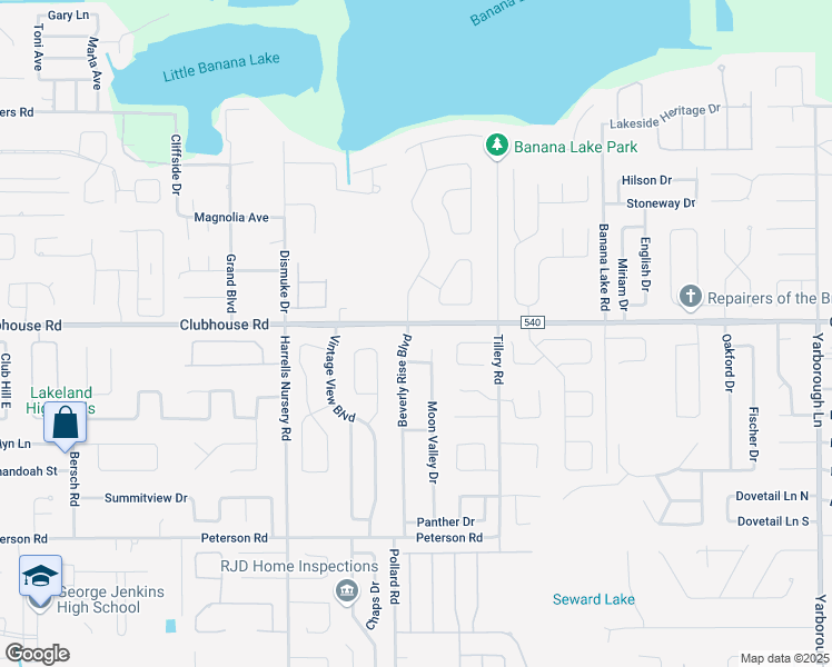 map of restaurants, bars, coffee shops, grocery stores, and more near 5406 Beverly Rise Boulevard in Lakeland