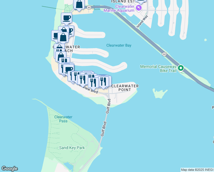 map of restaurants, bars, coffee shops, grocery stores, and more near 724 Bayway Boulevard in Clearwater