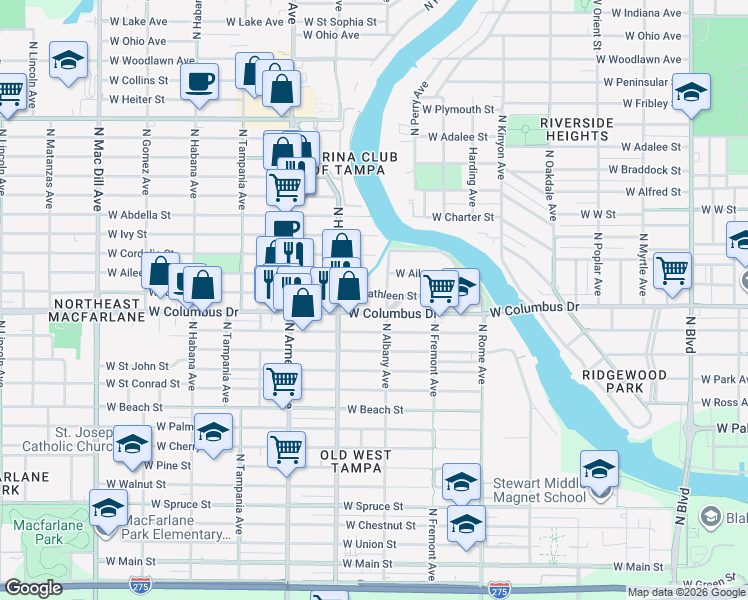 map of restaurants, bars, coffee shops, grocery stores, and more near 2113 West Kathleen Street in Tampa