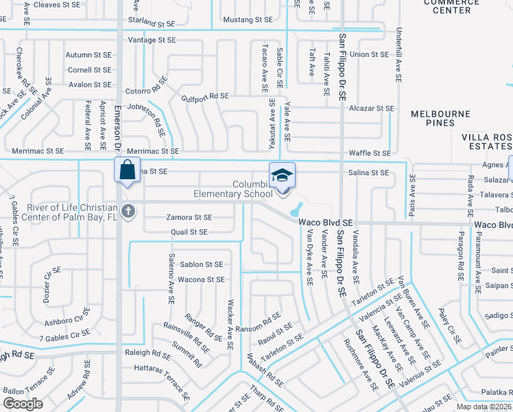 map of restaurants, bars, coffee shops, grocery stores, and more near 1275 Zanzibar Road Southeast in Palm Bay
