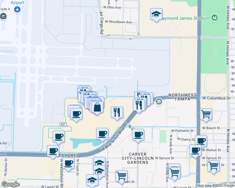 map of restaurants, bars, coffee shops, grocery stores, and more near 4213 Jim Walter Boulevard in Tampa