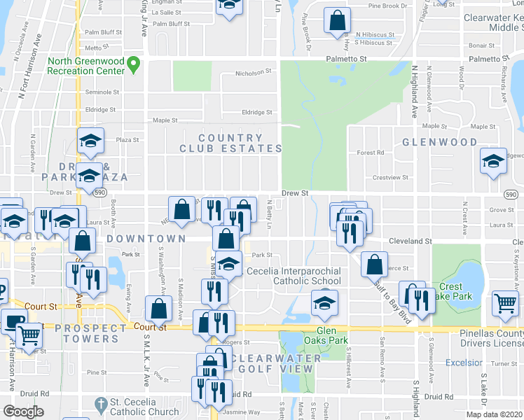map of restaurants, bars, coffee shops, grocery stores, and more near 123 Kenwood Avenue in Clearwater