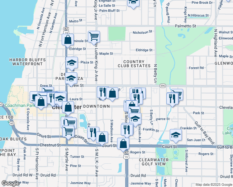 map of restaurants, bars, coffee shops, grocery stores, and more near 1170 Northeast Cleveland Street in Clearwater