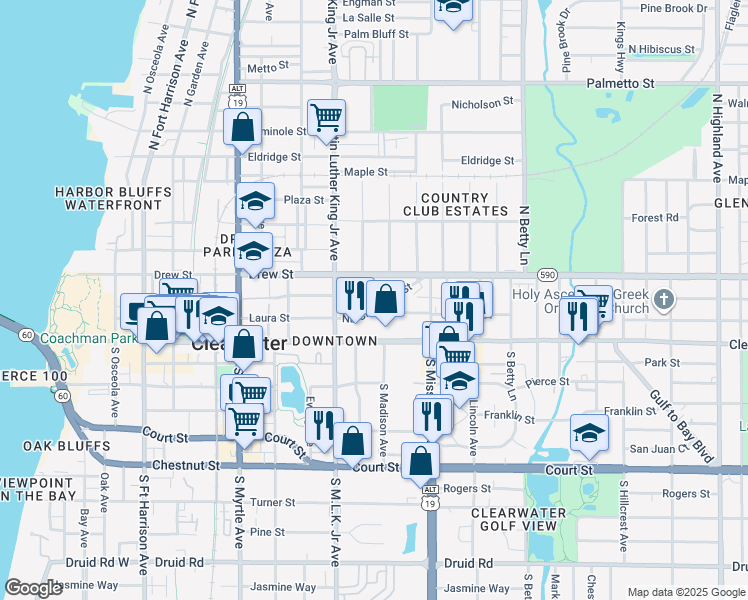 map of restaurants, bars, coffee shops, grocery stores, and more near 1170 Northeast Cleveland Street in Clearwater