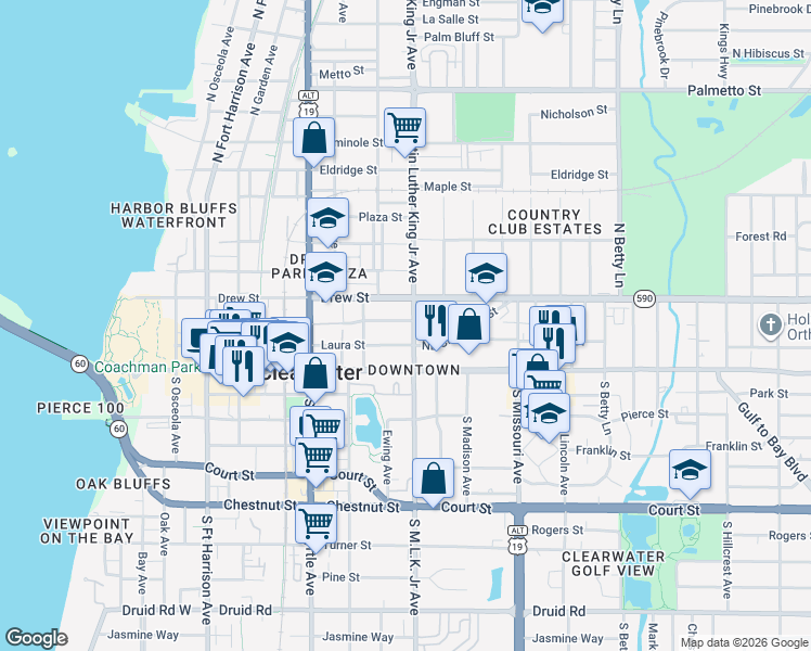 map of restaurants, bars, coffee shops, grocery stores, and more near 1006 Grove Street in Clearwater