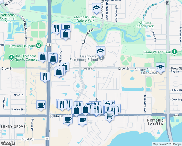 map of restaurants, bars, coffee shops, grocery stores, and more near 93 North Park Place Boulevard in Clearwater