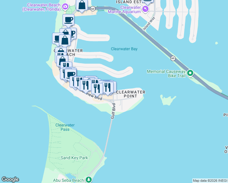 map of restaurants, bars, coffee shops, grocery stores, and more near 800 Bayway Boulevard in Clearwater