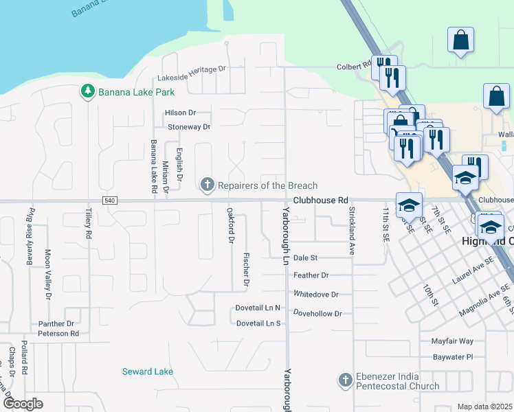map of restaurants, bars, coffee shops, grocery stores, and more near 5401 Southgrove Drive in Lakeland