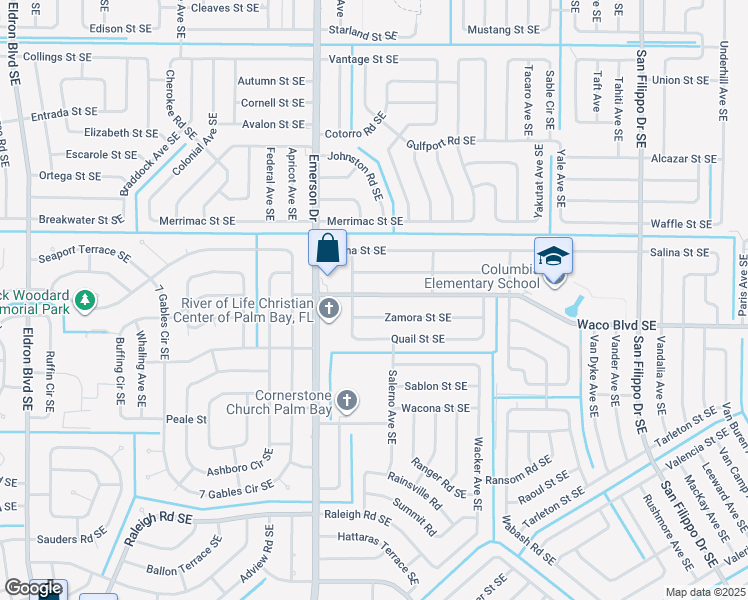 map of restaurants, bars, coffee shops, grocery stores, and more near 927 Waco Boulevard Southeast in Palm Bay