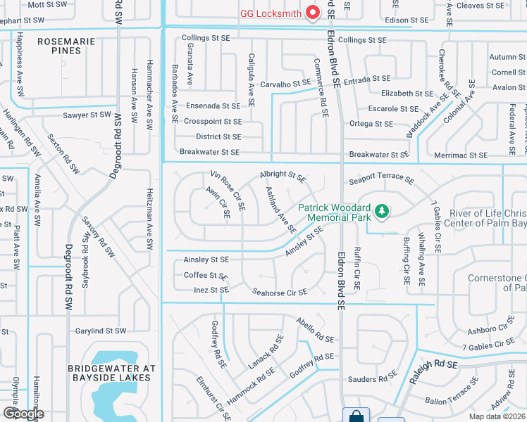 map of restaurants, bars, coffee shops, grocery stores, and more near 1250 Ashland Avenue Southeast in Palm Bay