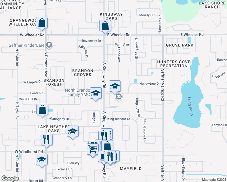 map of restaurants, bars, coffee shops, grocery stores, and more near 126 Cactus Road in Seffner