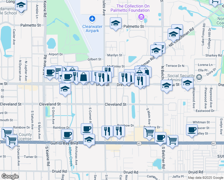 map of restaurants, bars, coffee shops, grocery stores, and more near 115 North Cirus Avenue in Clearwater