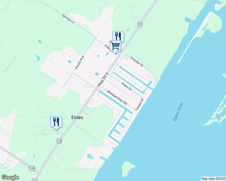 map of restaurants, bars, coffee shops, grocery stores, and more near 202 Windjammer Street in Rockport