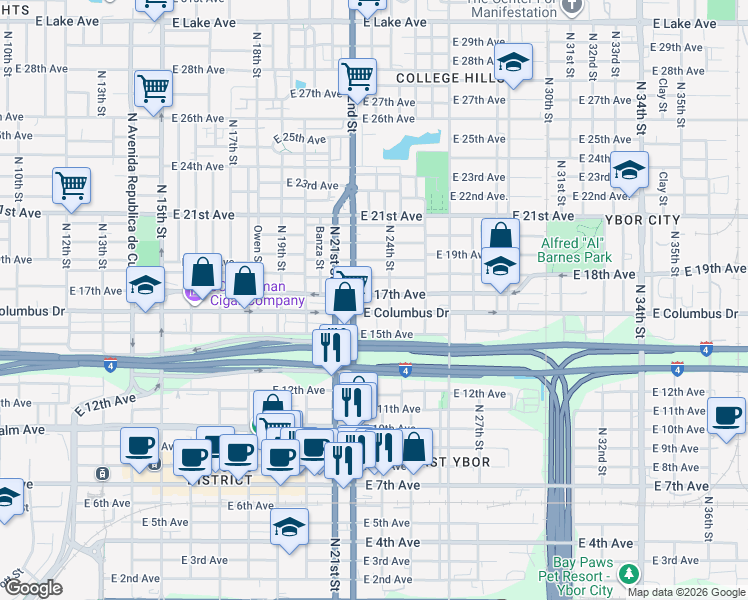 map of restaurants, bars, coffee shops, grocery stores, and more near 2212 East 17th Avenue in Tampa
