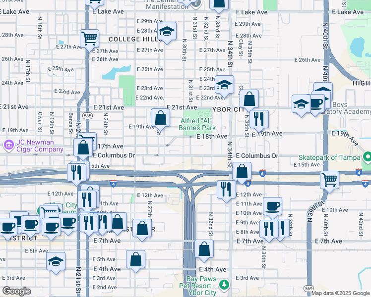 map of restaurants, bars, coffee shops, grocery stores, and more near 2925 East 17th Avenue in Tampa