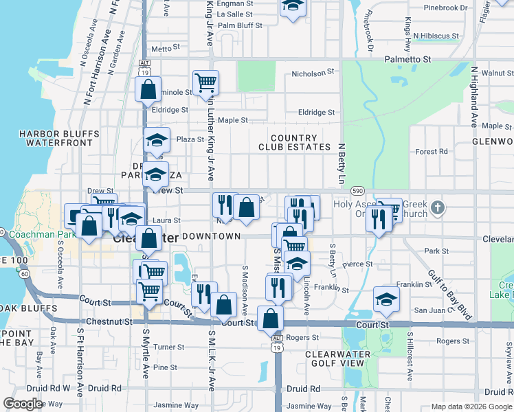 map of restaurants, bars, coffee shops, grocery stores, and more near 1170 Northeast Cleveland Street in Clearwater