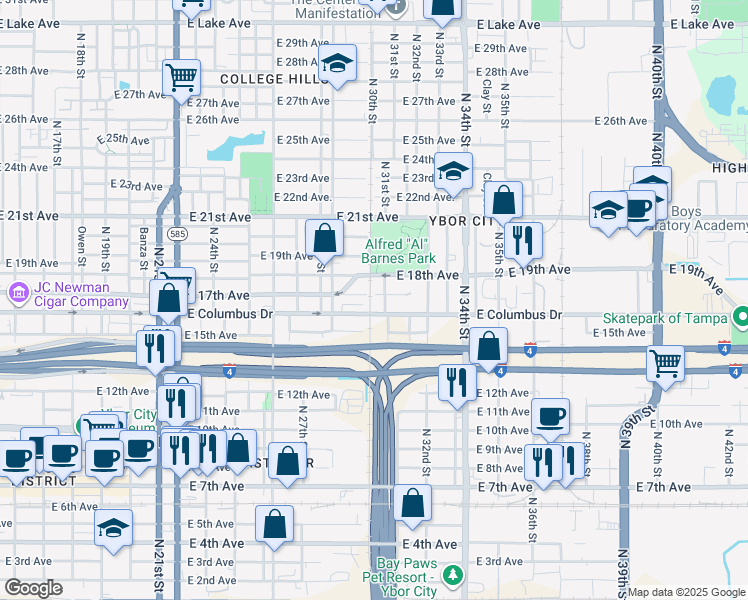 map of restaurants, bars, coffee shops, grocery stores, and more near 2925 East 17th Avenue in Tampa