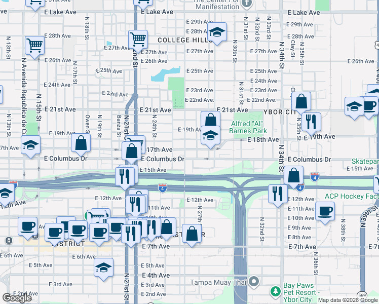 map of restaurants, bars, coffee shops, grocery stores, and more near 2709 North 27th Street in Tampa
