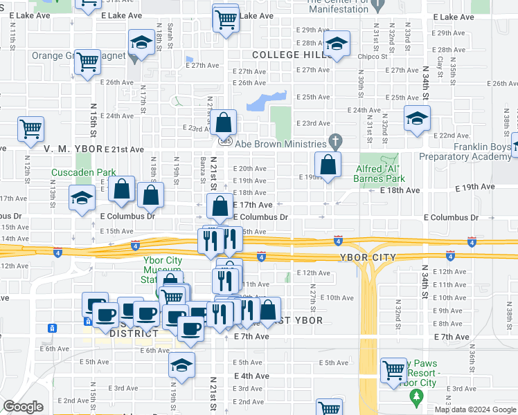 map of restaurants, bars, coffee shops, grocery stores, and more near 2412 East 17th Avenue in Tampa