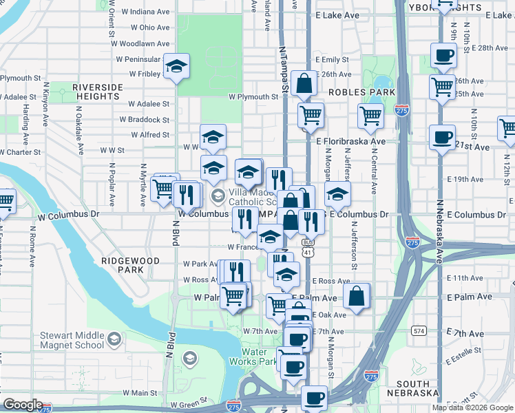 map of restaurants, bars, coffee shops, grocery stores, and more near 2610 North Highland Avenue in Tampa