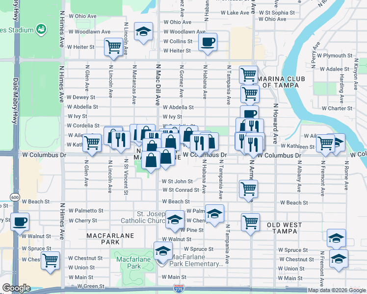 map of restaurants, bars, coffee shops, grocery stores, and more near 2923 West Kathleen Street in Tampa