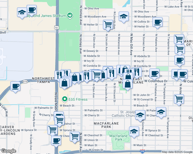 map of restaurants, bars, coffee shops, grocery stores, and more near 3315 West Kathleen Street in Tampa