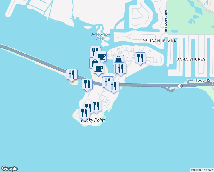 map of restaurants, bars, coffee shops, grocery stores, and more near 3001 North Rocky Point Drive East in Tampa