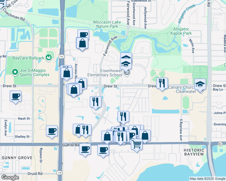 map of restaurants, bars, coffee shops, grocery stores, and more near 93 North Park Place Boulevard in Clearwater