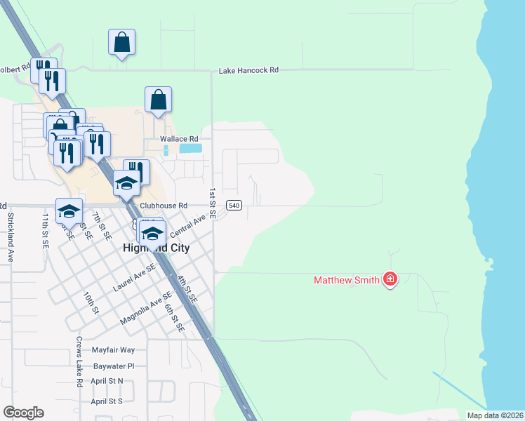 map of restaurants, bars, coffee shops, grocery stores, and more near 4628 Clubhouse Road in Lakeland