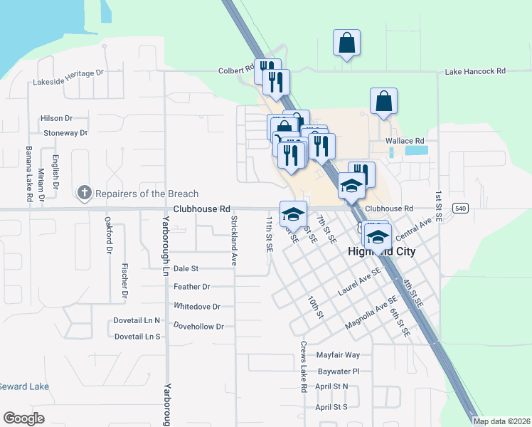 map of restaurants, bars, coffee shops, grocery stores, and more near 3935 Clubhouse Road in Lakeland