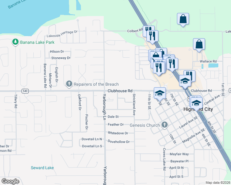 map of restaurants, bars, coffee shops, grocery stores, and more near 3725 County Road 540 in Lakeland