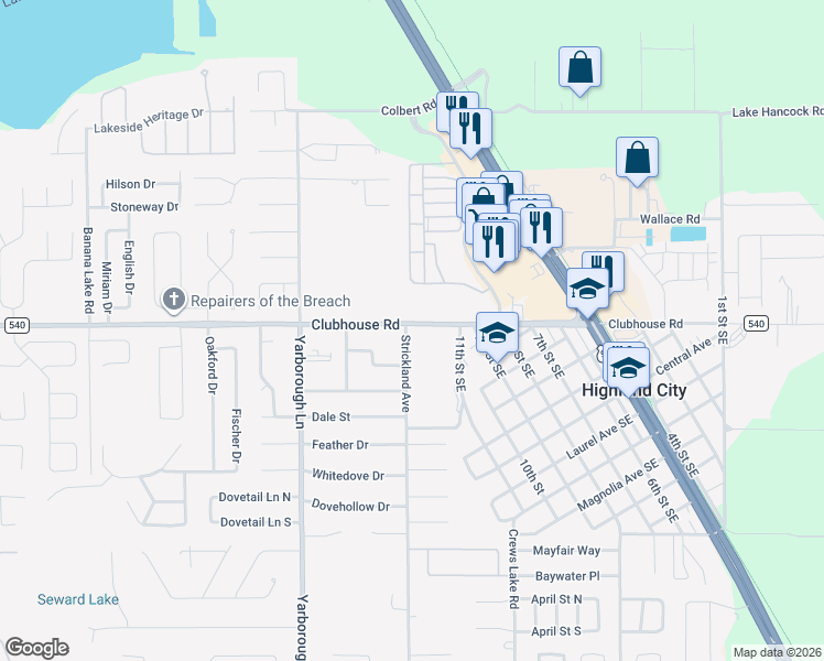 map of restaurants, bars, coffee shops, grocery stores, and more near 5406 Strickland Avenue in Lakeland