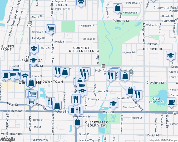 map of restaurants, bars, coffee shops, grocery stores, and more near 123 Kenwood Avenue in Clearwater