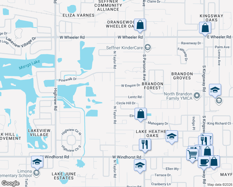 map of restaurants, bars, coffee shops, grocery stores, and more near 1705 North Taylor Road in Brandon