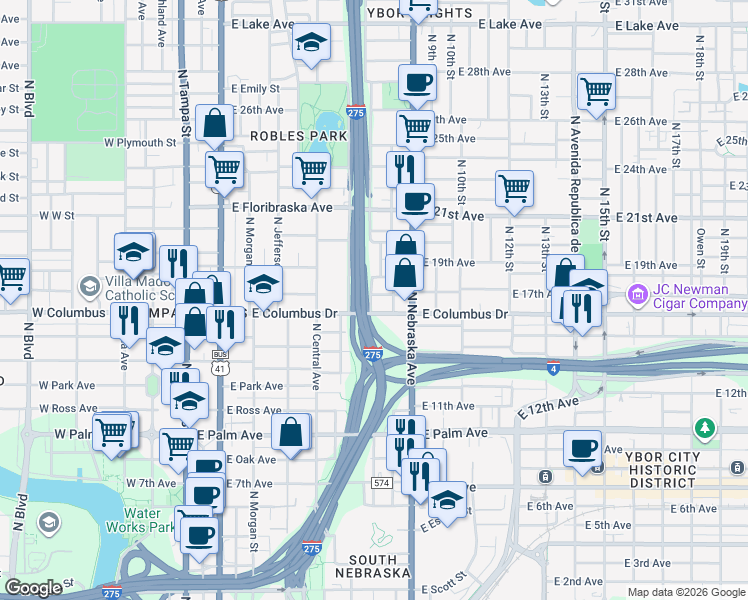 map of restaurants, bars, coffee shops, grocery stores, and more near 701 East Forest Avenue in Tampa