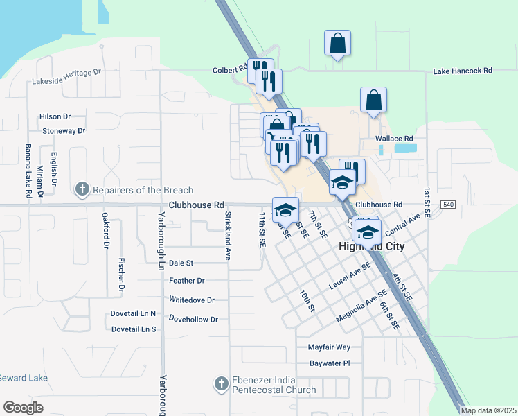 map of restaurants, bars, coffee shops, grocery stores, and more near 3935 Clubhouse Road in Highland City