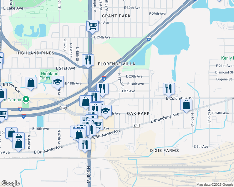 map of restaurants, bars, coffee shops, grocery stores, and more near 5121 East 17th Avenue in Tampa
