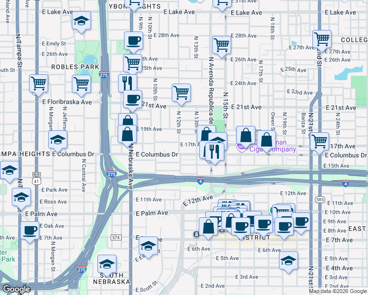 map of restaurants, bars, coffee shops, grocery stores, and more near 1213 East 17th Avenue in Tampa