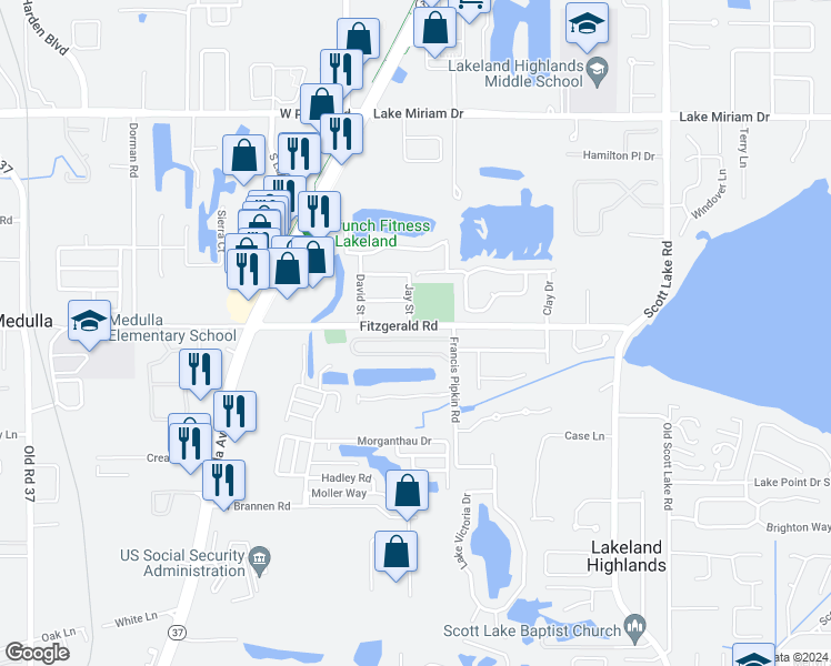 map of restaurants, bars, coffee shops, grocery stores, and more near 427 Emerald Cove Loop in Lakeland